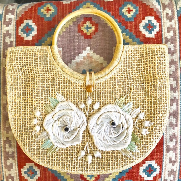 Handbags - Vintage Straw Purse with a Wooden Handle
